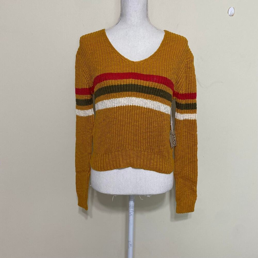 Active USA Pullover Striped Ribbed Knitted Sweater Long Sleeve Red/Mustard Small